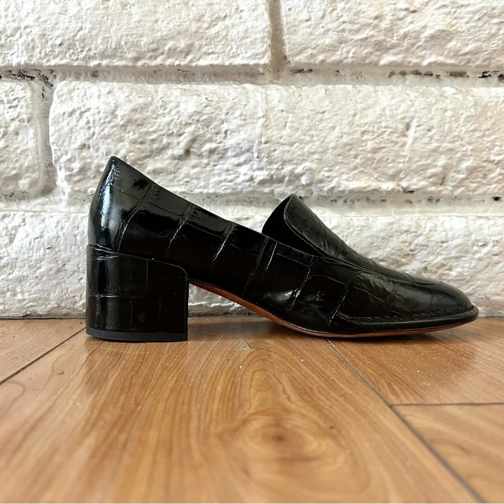 Vince Black Loafers Block Heel Croc Embossed